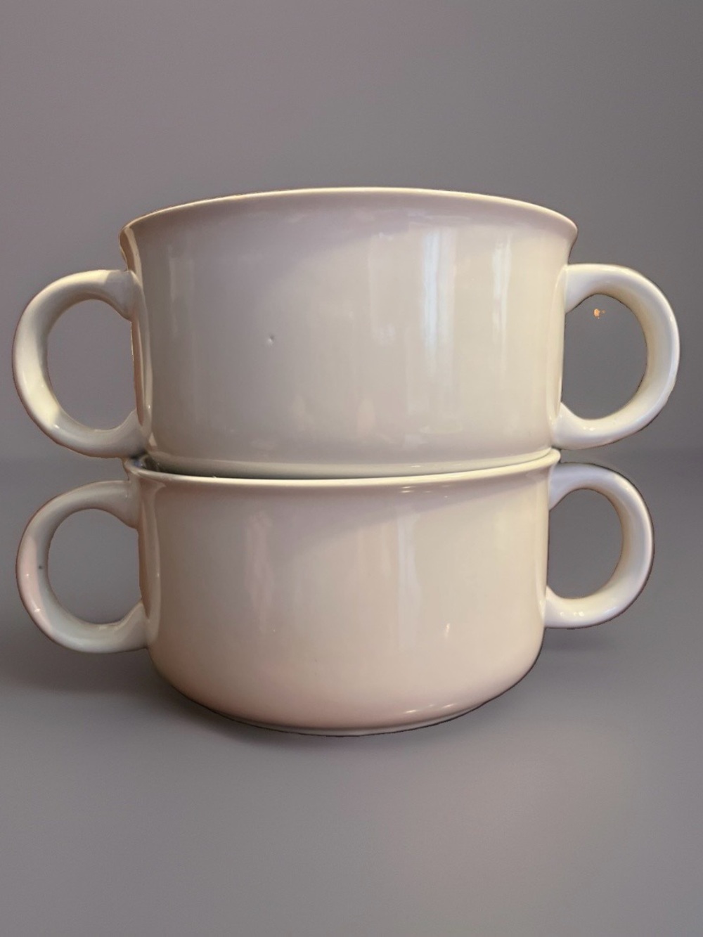 2 TWO DOUBLE HANDLED WHITE STONEWARE SOUP BOWLS BY WHITE CLIFFS